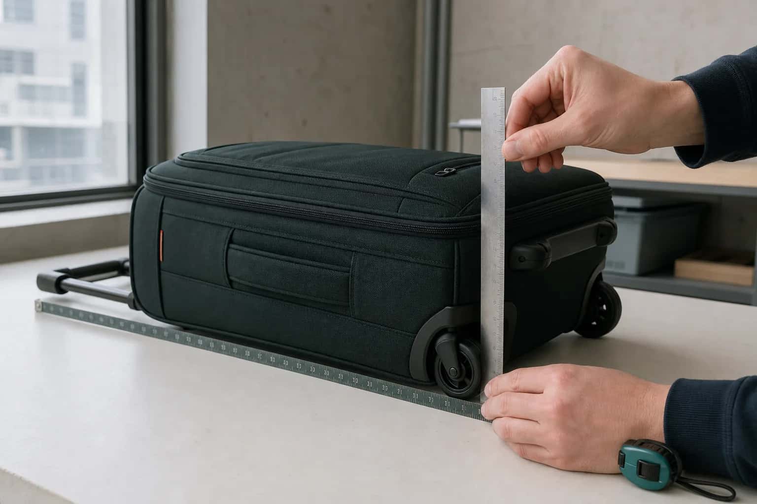 Mètre ruban souple enroulé autour du côté le plus haut d'une valise cabine remplie, roues comprises