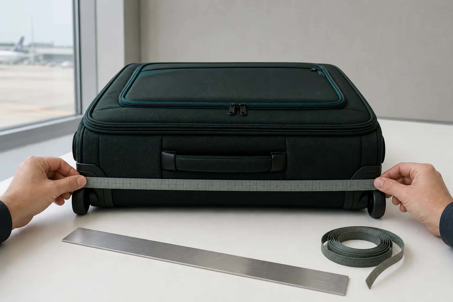 Maleta de cabina verde oscuro tumbada sobre una mesa junto a una ventana del aeropuerto, con una cinta métrica extendida a lo largo de su borde más largo