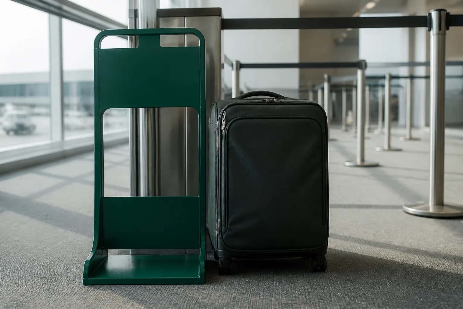 Kabinenkoffer neben einem Gepäckmessrahmen am Flughafen, mit Maßband und Reise-Checkliste