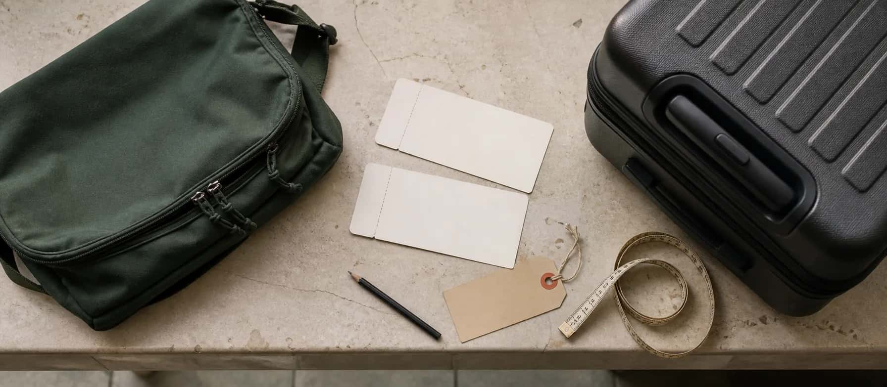 Sac sous le siège vert forêt et valise cabine noire à côté de billets vierges, d'une étiquette tarifaire et d'un mètre ruban