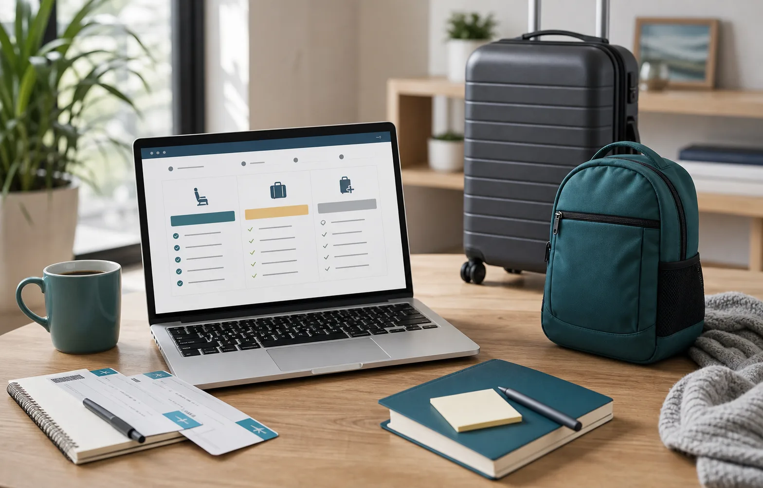 Laptop booking checklist with small personal item and larger carry-on bag for fare baggage planning