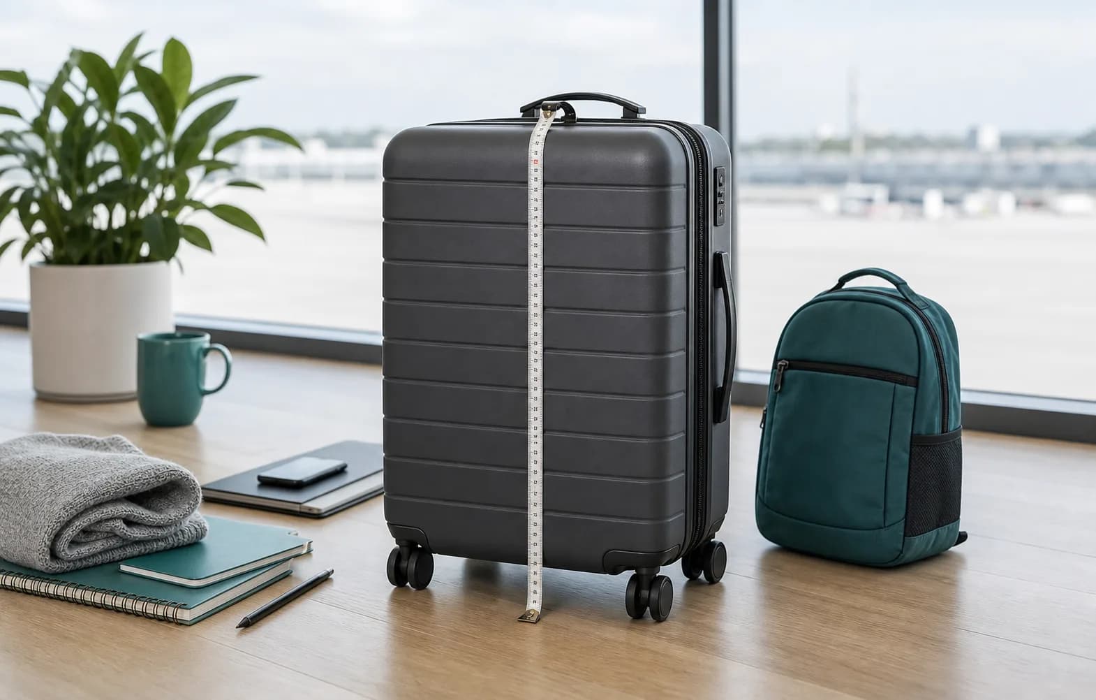 Packed carry-on suitcase measured from wheels to handle with a tape measure near an airport window