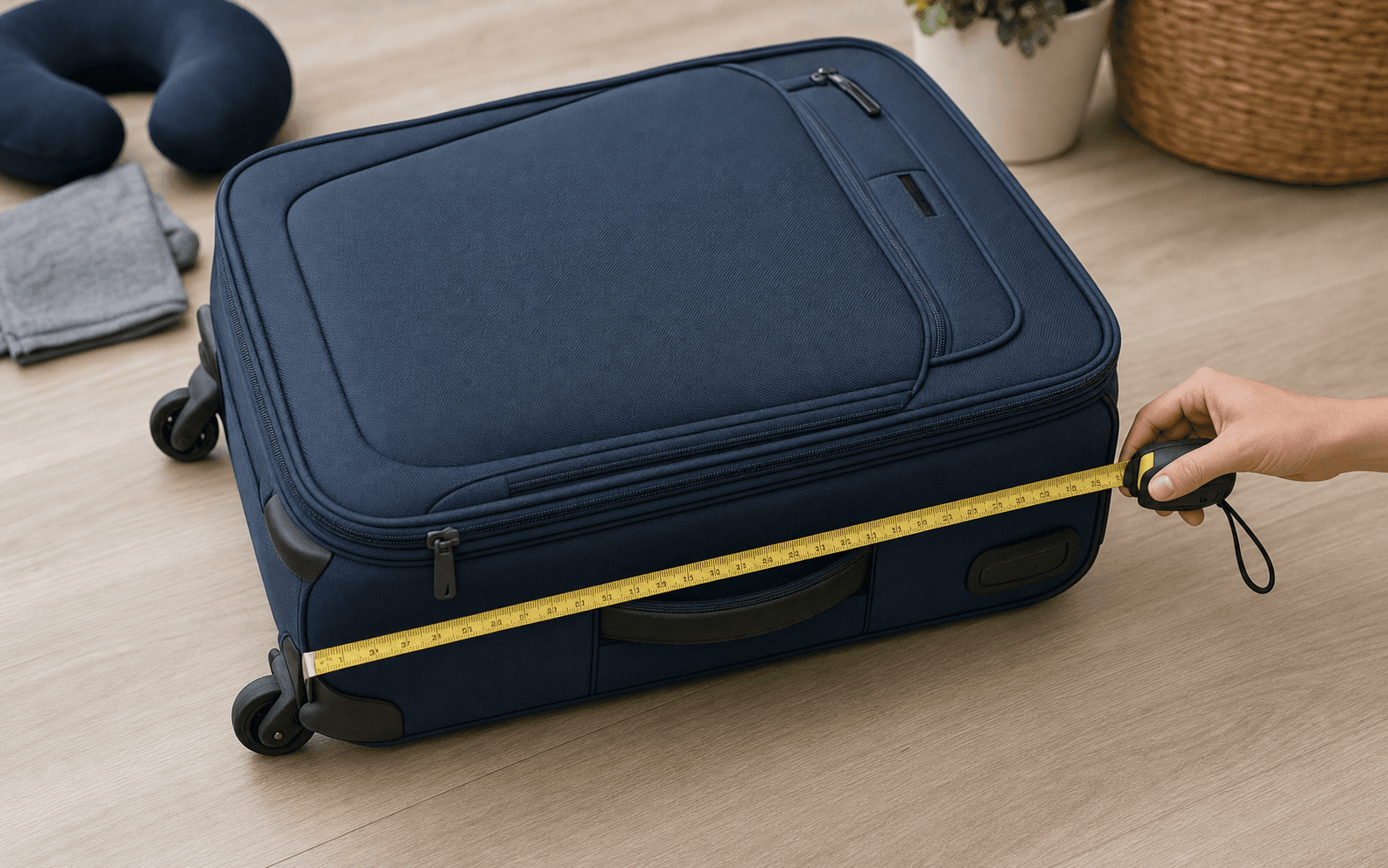 Packed cabin bag measured from the outside with a measuring tape