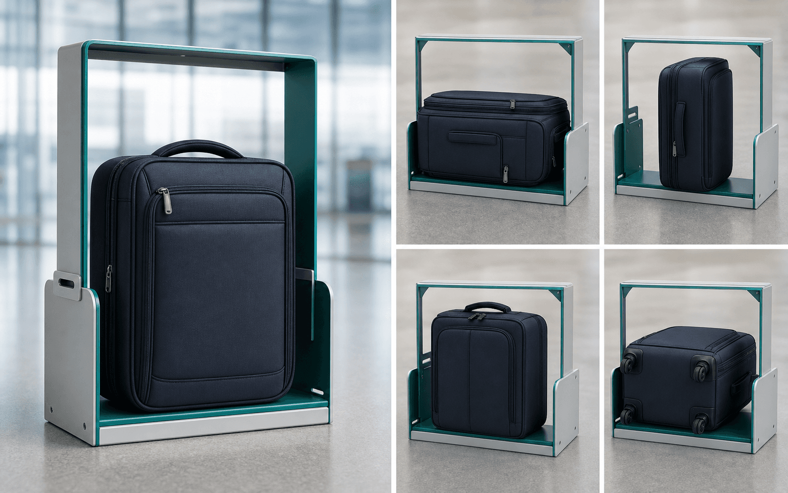 Cabin bag checked in different orientations inside a baggage sizer frame