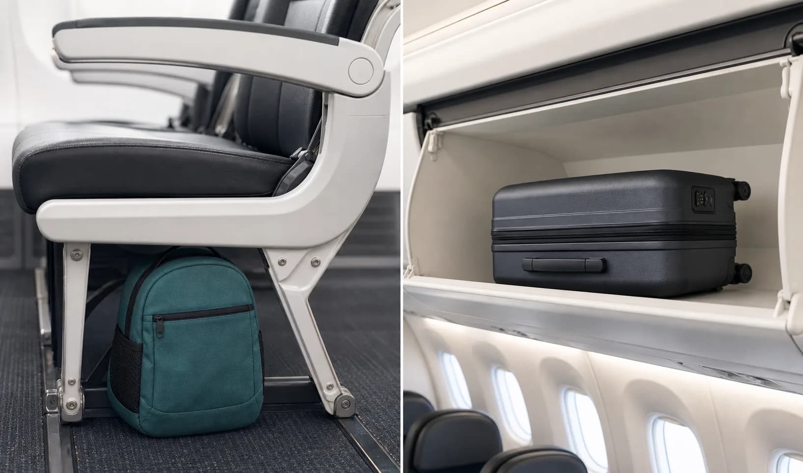Underseat backpack and overhead cabin suitcase compared inside an airplane cabin setting