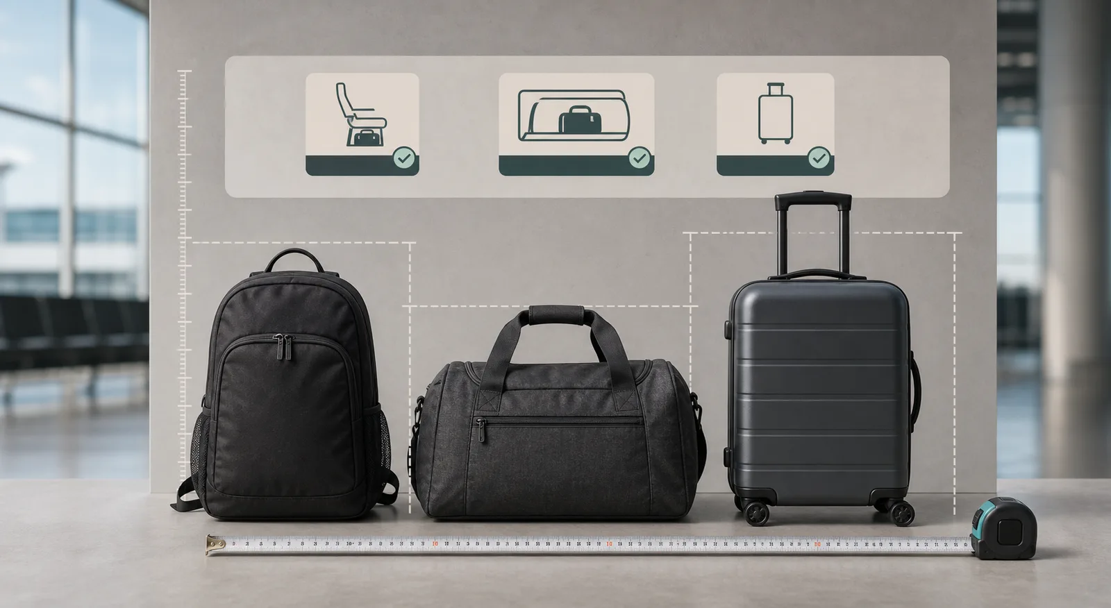 Backpack, duffel bag, and rolling suitcase compared against cabin baggage size guides