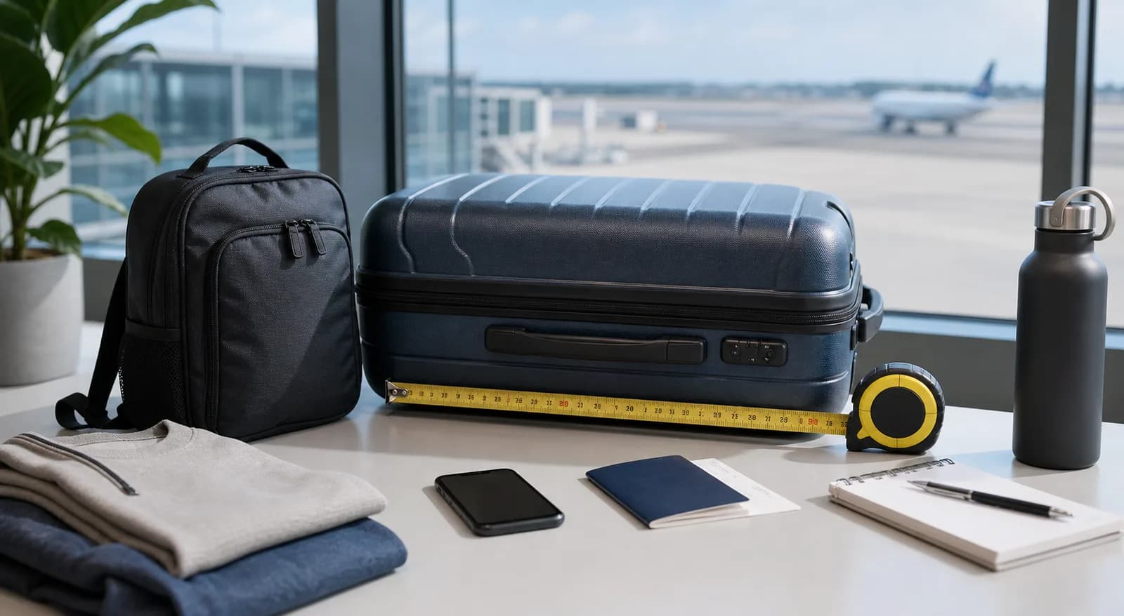 Packed carry-on suitcase and underseat backpack measured with a tape measure near an airport window