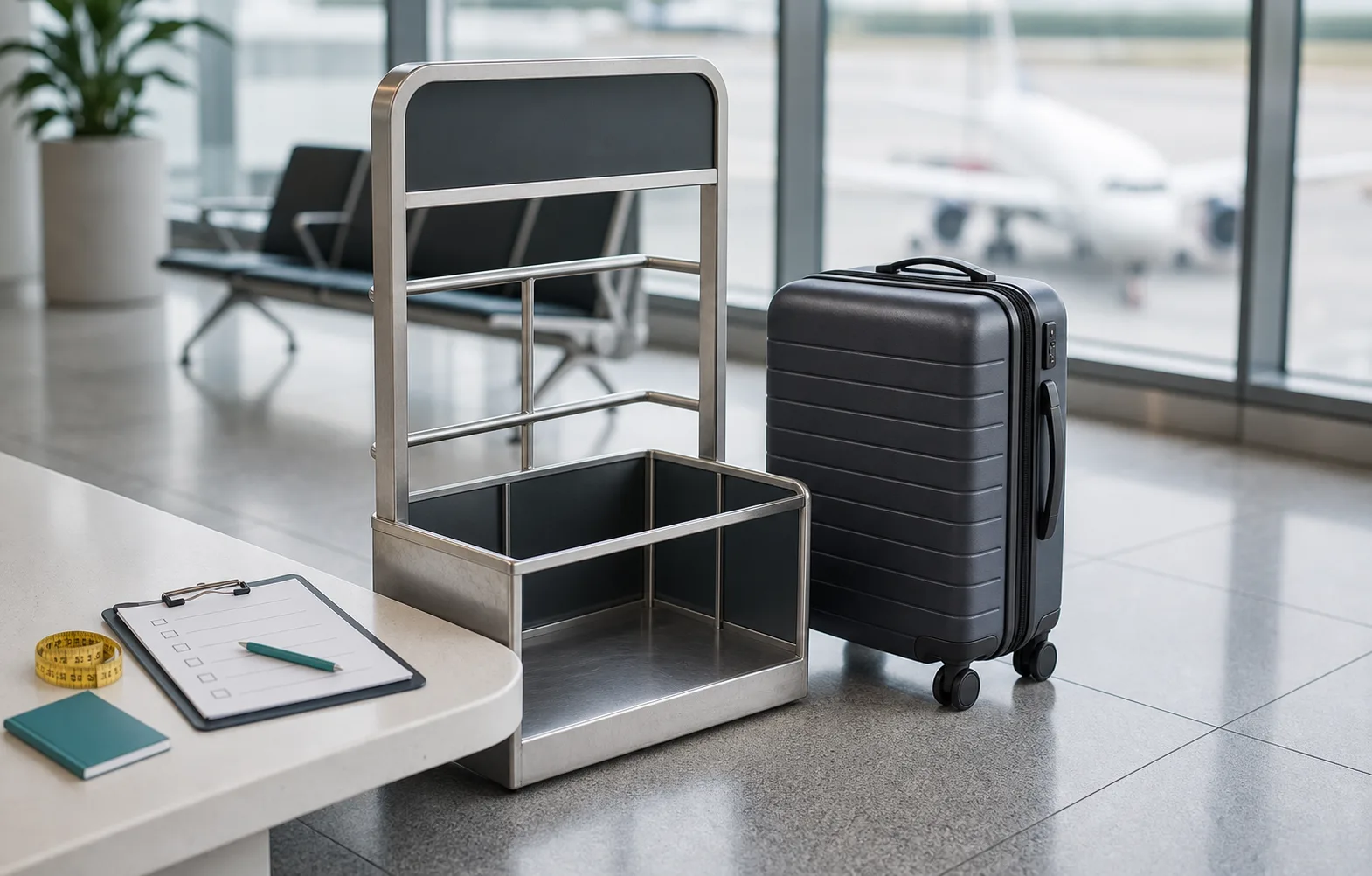 Cabin suitcase beside an airport baggage sizer with measuring tape and travel checklist