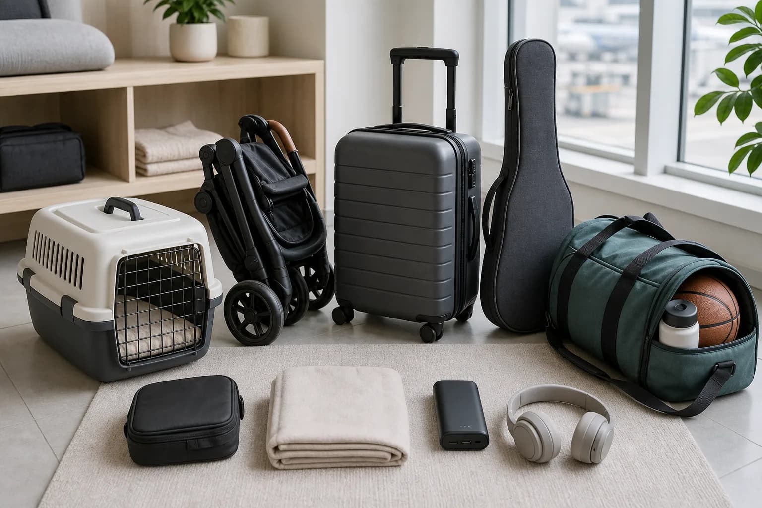 Travel extras including pet carrier, stroller, suitcase, instrument case, sports bag, and power bank