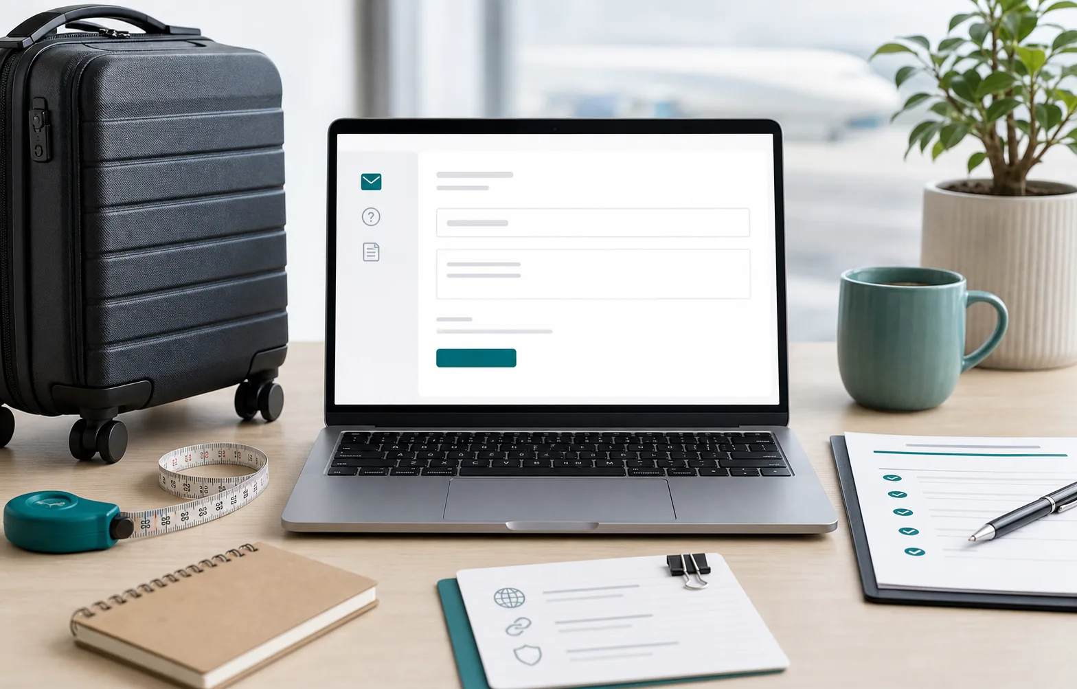 Laptop support form with carry-on bag, measuring tape, and travel checklist for baggage rule updates