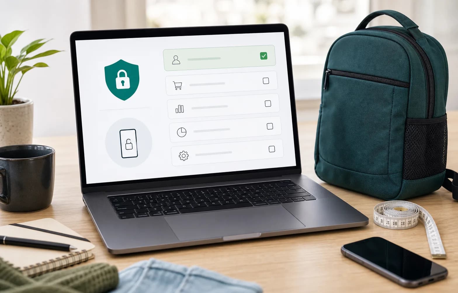 Laptop with privacy controls beside a carry-on bag, phone, and measuring tape